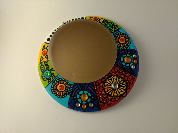 Hand painted wooden mirror 7"x7" inches, acrylic painting with circle mirror, handmade, boho mirror wall hanging