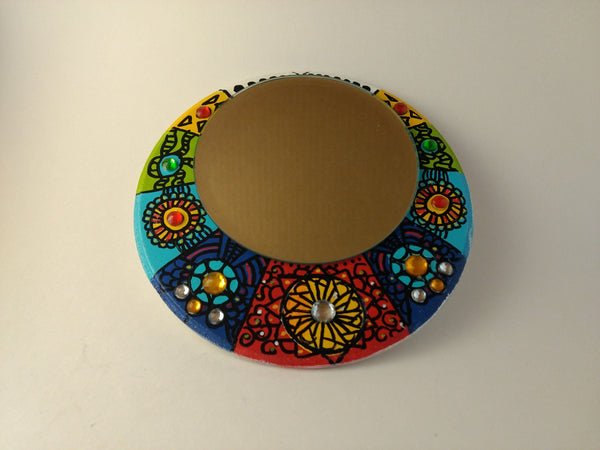 Hand painted wooden mirror 7"x7" inches, acrylic painting with circle mirror, handmade, boho mirror wall hanging