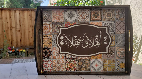 Ahlan wa Sahlan Tray, brown wooden Arabic Calligraphy rustic decoupaged serving tray,tray, arabic gift. Arabic decor.