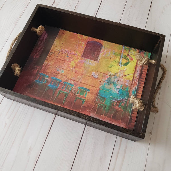 Egyptian Tray, brown wooden Arabic style rustic decoupaged serving tray,tray, arabic gift. Arabic decor.