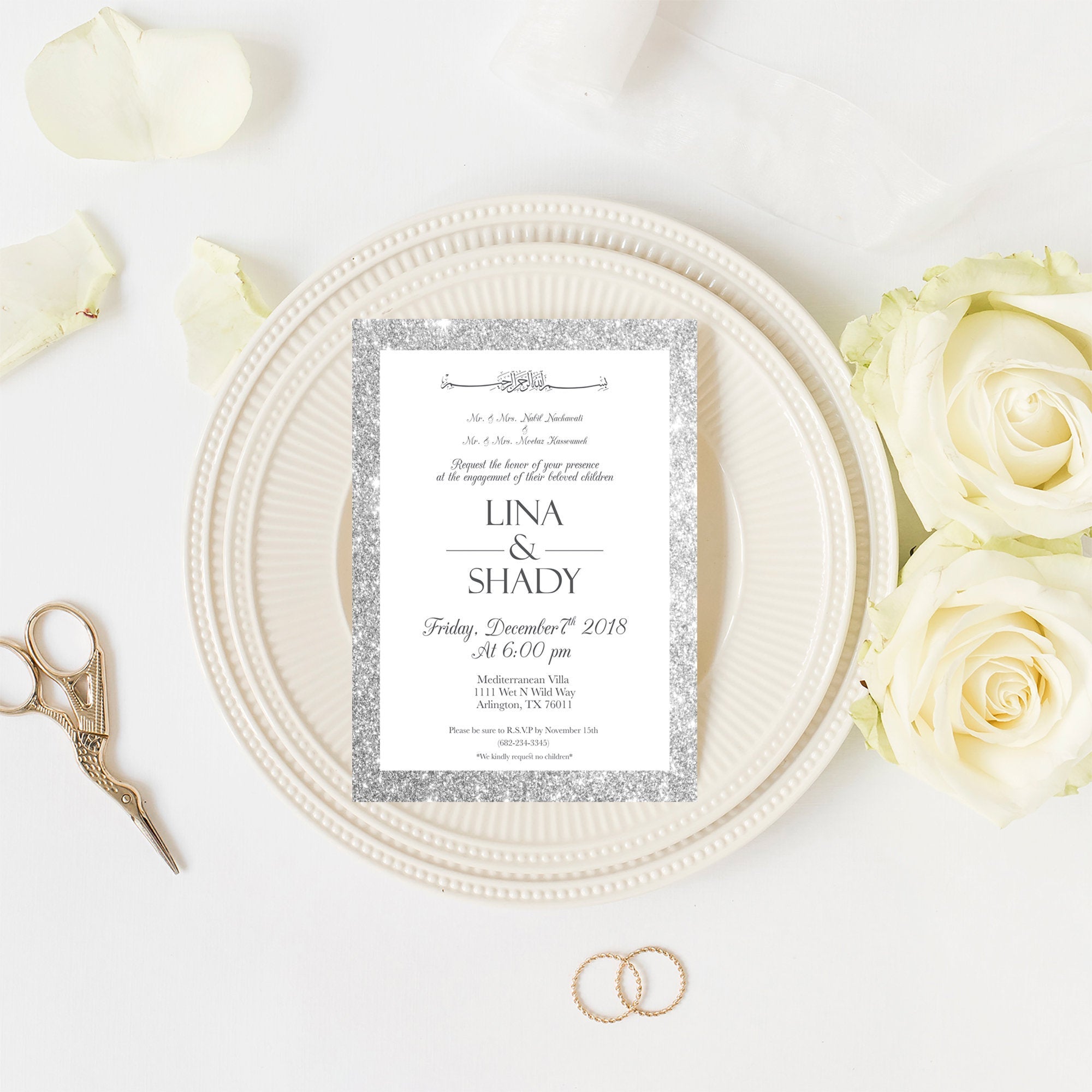 Muslim Wedding Invitations - glitter Custom Arabic Invitation -Arabic and English Wedding invitation - Nikkah invitation - bilingual - Print
