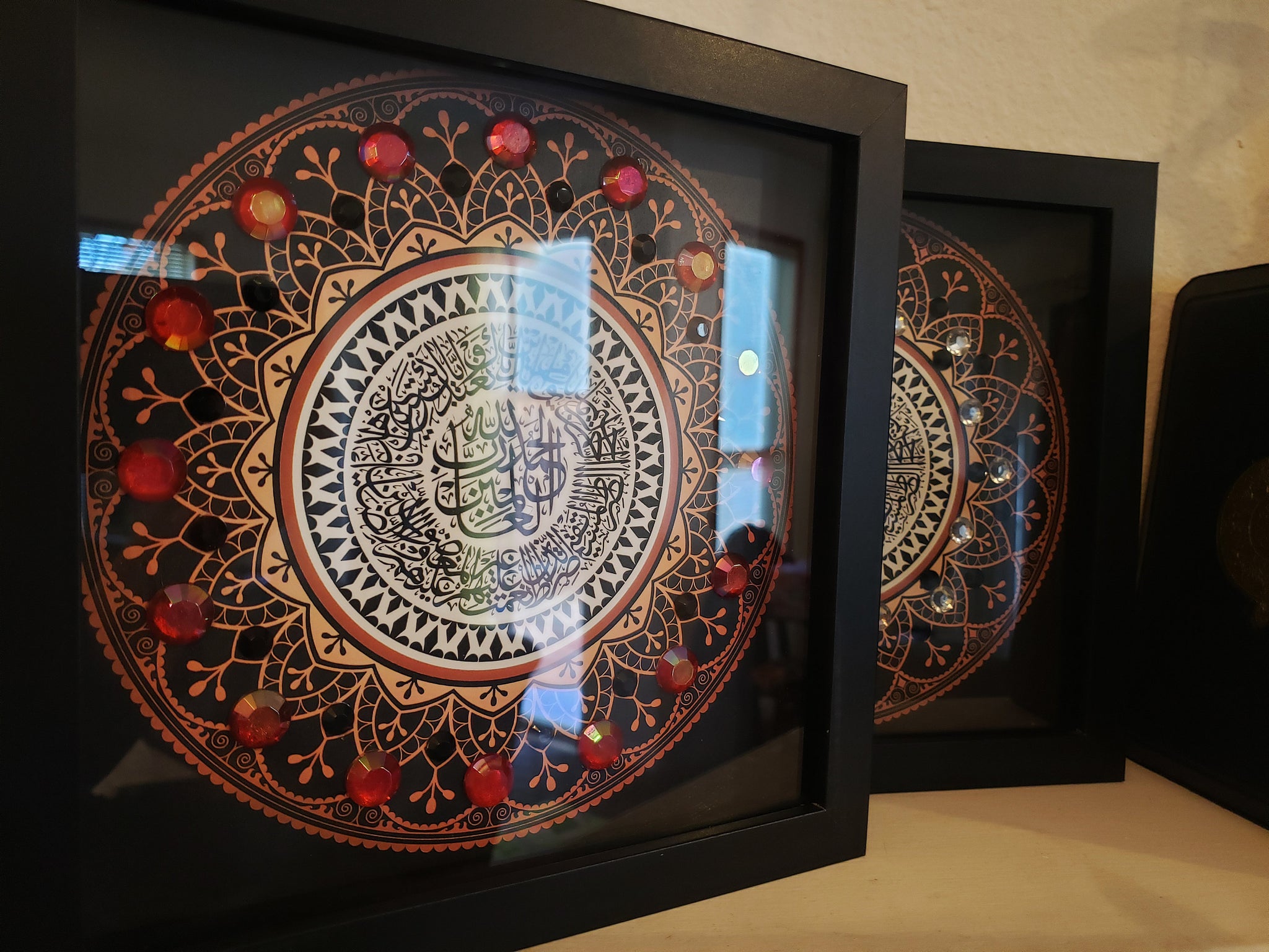 Surah Al Fatiha Islamic Design in a black shadowbox frame, ready to hang Modern Islamic Wall Art with black and red beads and stones