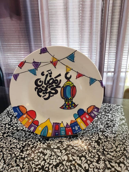 Ramadan Karim in Arabic Hand Painted Ceramic plate, Handmade decorative plate. Ramadan gift, eid gift. 10x10